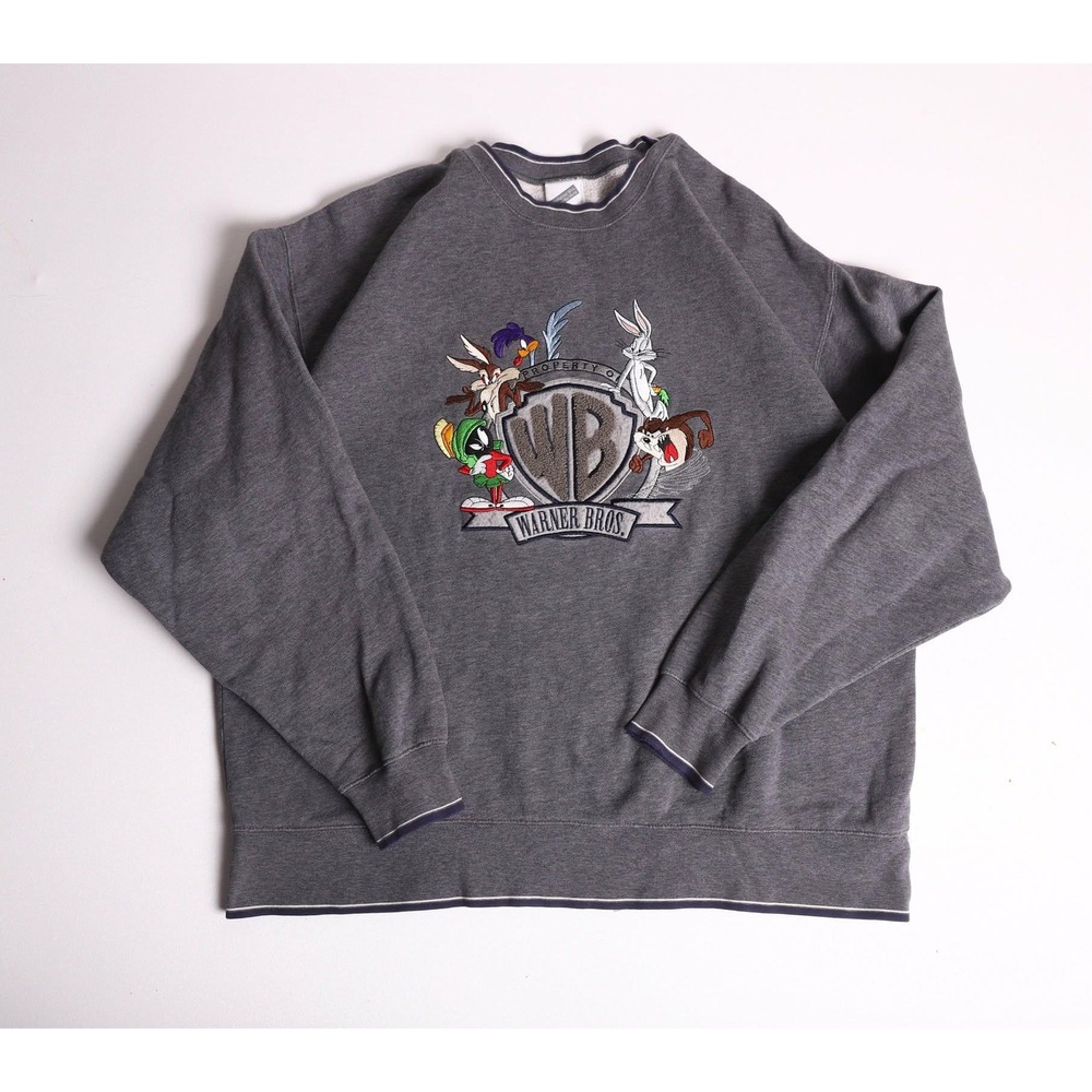 Vintage Warner Bros Studio Store Looney Tunes Embroidered Sweatshirt Grey Large